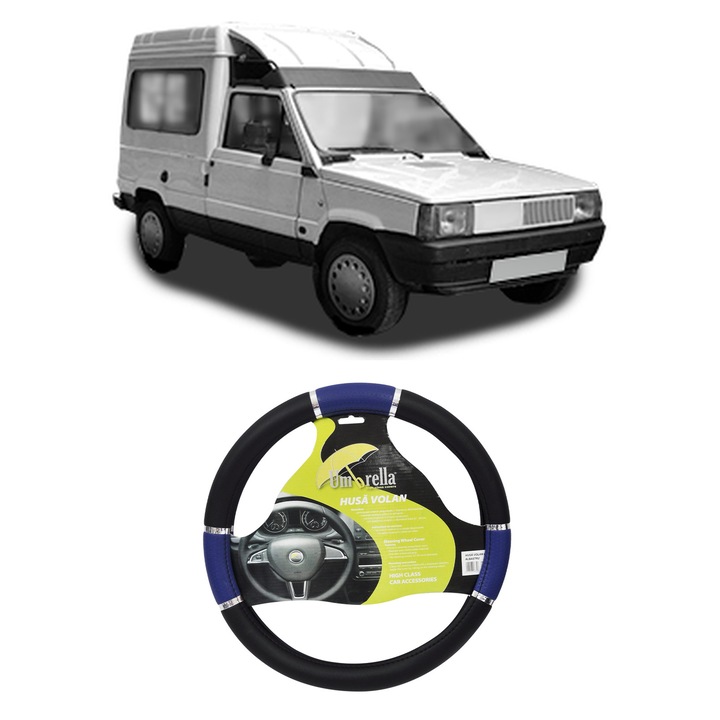Husa Volan Auto Pentru Fiat Panda Hatchback Van (141_) Din 1986-2004, Piele Ecologica, Dimensiune 37-39 cm, Umbrella, Culoare Albastru