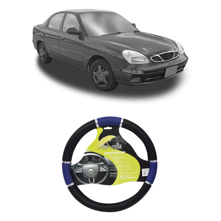 Husa Volan Auto Pentru Daewoo Nubira Saloon (J150) Din 1999-2002, Piele Ecologica, Dimensiune 37-39 cm, Umbrella, Culoare Albastru