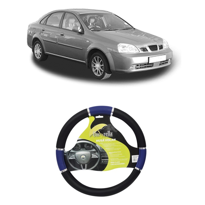 Husa Volan Auto Pentru Daewoo Nubira Saloon (J200) Din 2003-2004, Piele Ecologica, Dimensiune 37-39 cm, Umbrella, Culoare Albastru