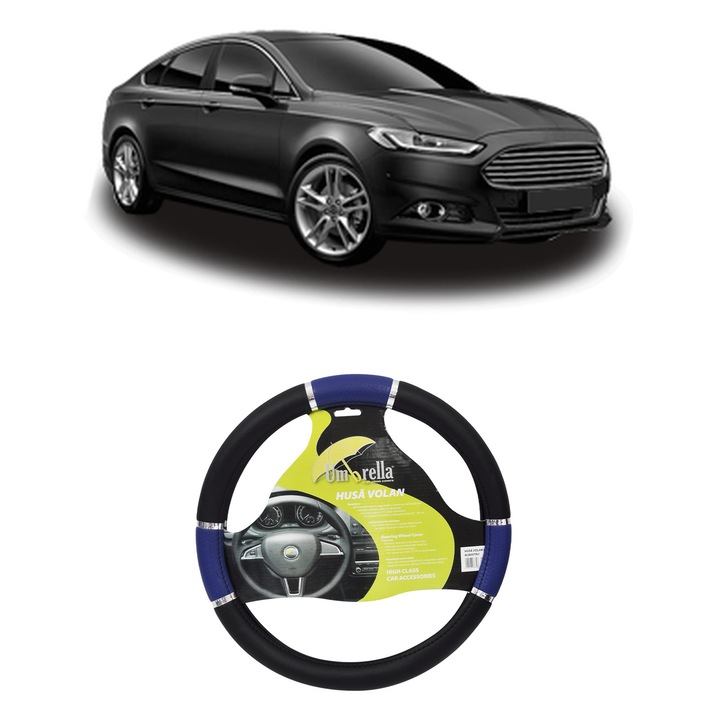 Husa Volan Auto Pentru Ford Mondeo V Hatchback (Ce) Din 2014, Piele Ecologica, Dimensiune 37-39 cm, Umbrella, Culoare Albastru