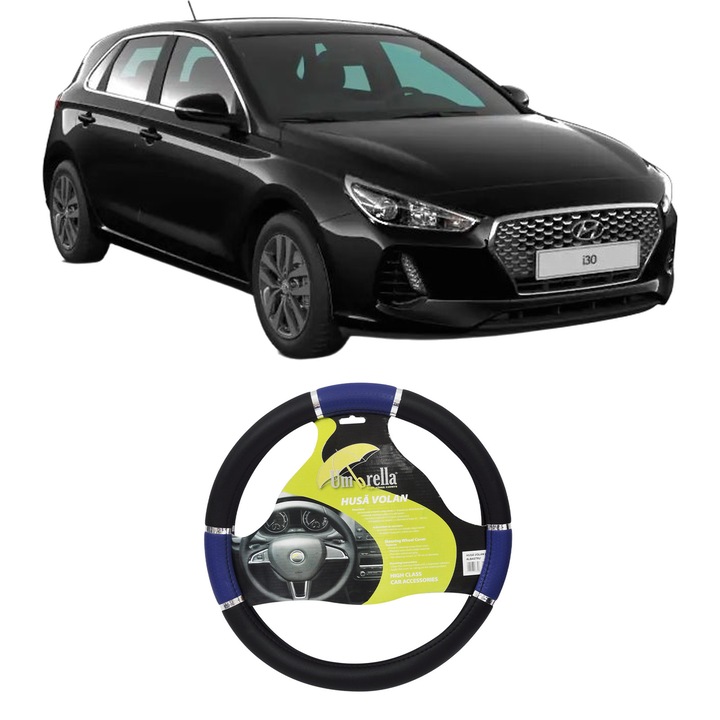 Husa Volan Auto Pentru Hyundai I30 (Pde, Pd, Pden) Din 2016-2020, Piele Ecologica, Dimensiune 37-39 cm, Umbrella, Culoare Albastru