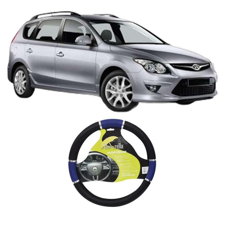 Husa Volan Auto Pentru Hyundai I30 Estate (Gd) Din 2012-2017, Piele Ecologica, Dimensiune 37-39 cm, Umbrella, Culoare Albastru