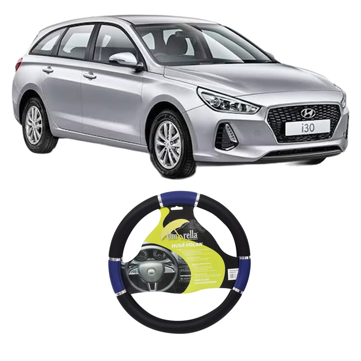 Husa Volan Auto Pentru Hyundai I30 Kombi Van (Pde) Din 2017-2020, Piele Ecologica, Dimensiune 37-39 cm, Umbrella, Culoare Albastru