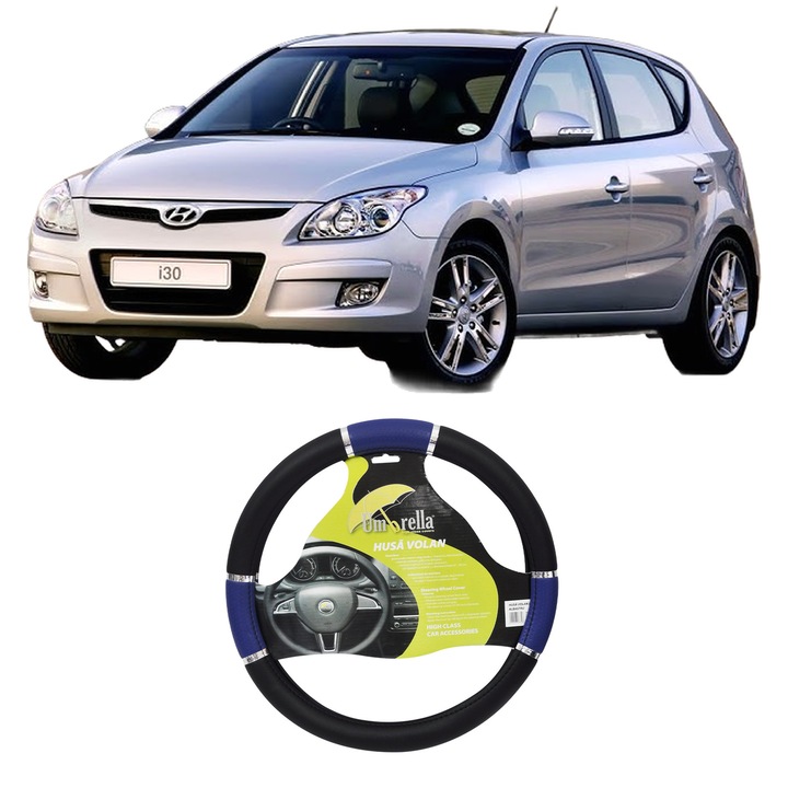 Husa Volan Auto Pentru Hyundai I30 Estate (Fd) Din 2007-2012, Piele Ecologica, Dimensiune 37-39 cm, Umbrella, Culoare Albastru