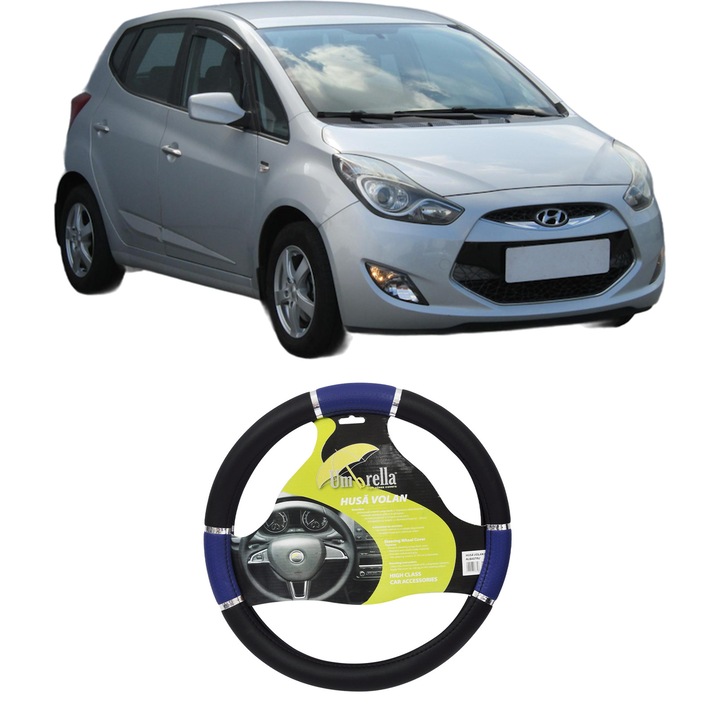 Husa Volan Auto Pentru Hyundai Ix20 (Jc) Din 2010-2019, Piele Ecologica, Dimensiune 37-39 cm, Umbrella, Culoare Albastru