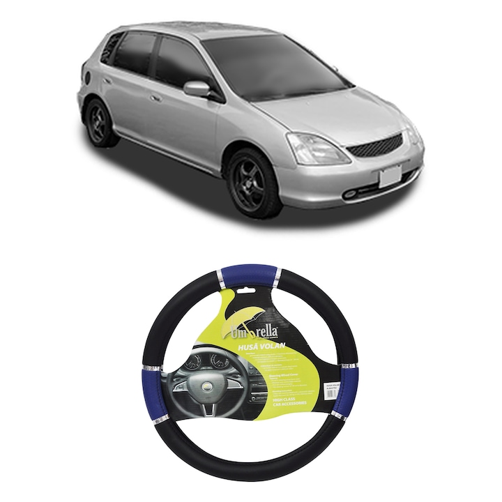 Husa Volan Auto Pentru Honda Civic Vii Hatchback (Eu, Ep, Ev) Din 2000-2005, Piele Ecologica, Dimensiune 37-39 cm, Umbrella, Culoare Albastru