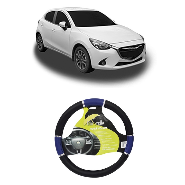 Husa Volan Auto Pentru Mazda 2 Hatchback (Dl, Dj) Din 2014, Piele Ecologica, Dimensiune 37-39 cm, Umbrella, Culoare Albastru