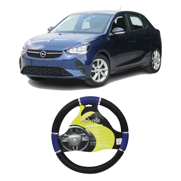 Husa Volan Auto Pentru Opel Corsa F Hatchback Van Din 2019, Piele Ecologica, Dimensiune 37-39 cm, Umbrella, Culoare Albastru