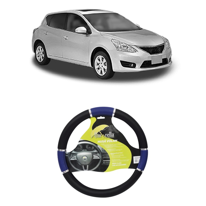 Husa Volan Auto Pentru Nissan Tiida Hatchback (C12) Din 2013, Piele Ecologica, Dimensiune 37-39 cm, Umbrella, Culoare Albastru