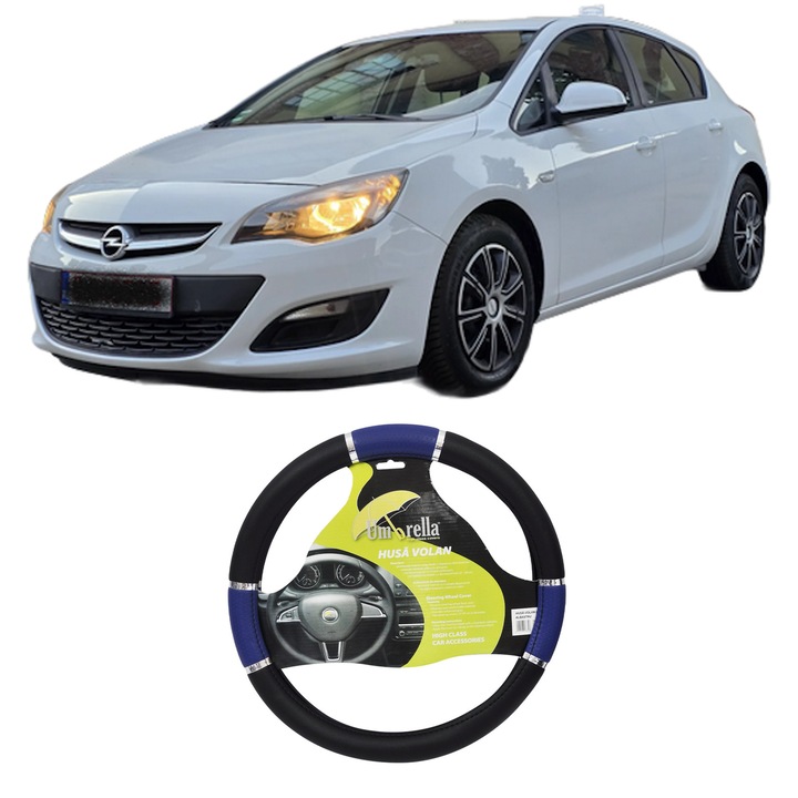Husa Volan Auto Pentru Opel Astra J Hatchback Van (P10) Din 2013-2015, Piele Ecologica, Dimensiune 37-39 cm, Umbrella, Culoare Albastru