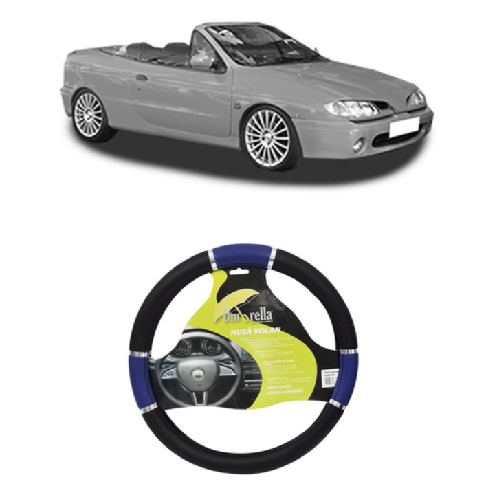 Husa Volan Auto Pentru Renault Megane I Cabriolet (Ea0/1_) Din 1996-2003, Piele Ecologica, Dimensiune 37-39 cm, Umbrella, Culoare Albastru