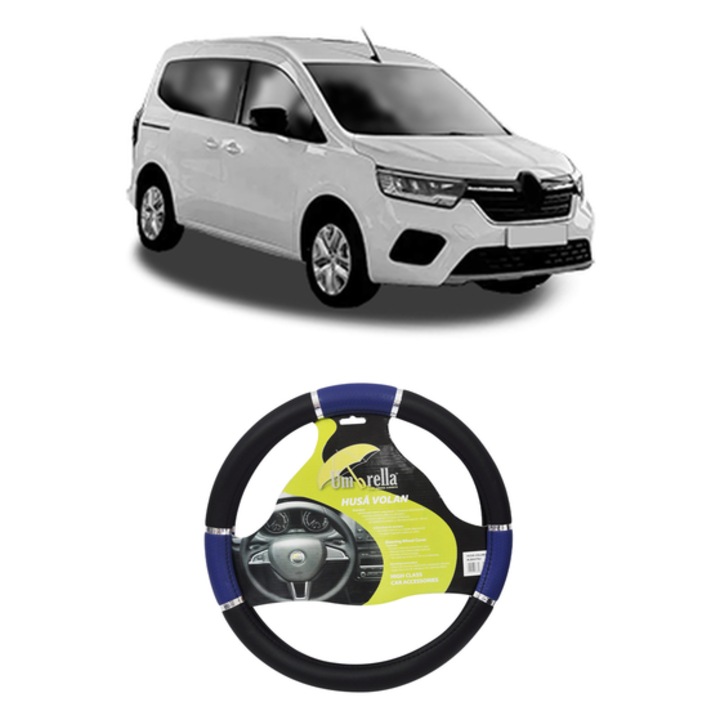 Husa Volan Auto Pentru Renault Kangoo Iii Box Body/Mpv Din 2021, Piele Ecologica, Dimensiune 37-39 cm, Umbrella, Culoare Albastru