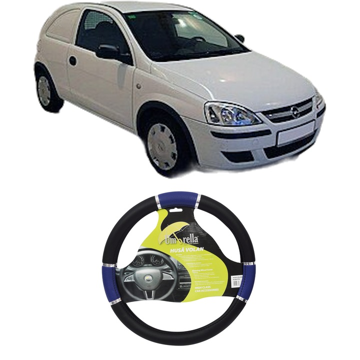 Husa Volan Auto Pentru Opel Corsa C Hatchback Van (X01) Din 2000-2012, Piele Ecologica, Dimensiune 37-39 cm, Umbrella, Culoare Albastru