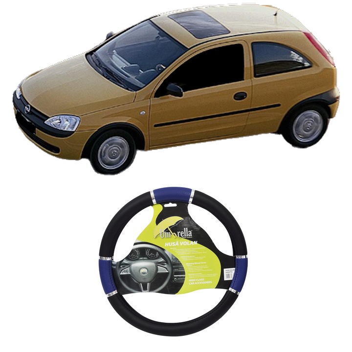 Husa Volan Auto Pentru Opel Corsa C (X01) Din 2000-2009, Piele Ecologica, Dimensiune 37-39 cm, Umbrella, Culoare Albastru