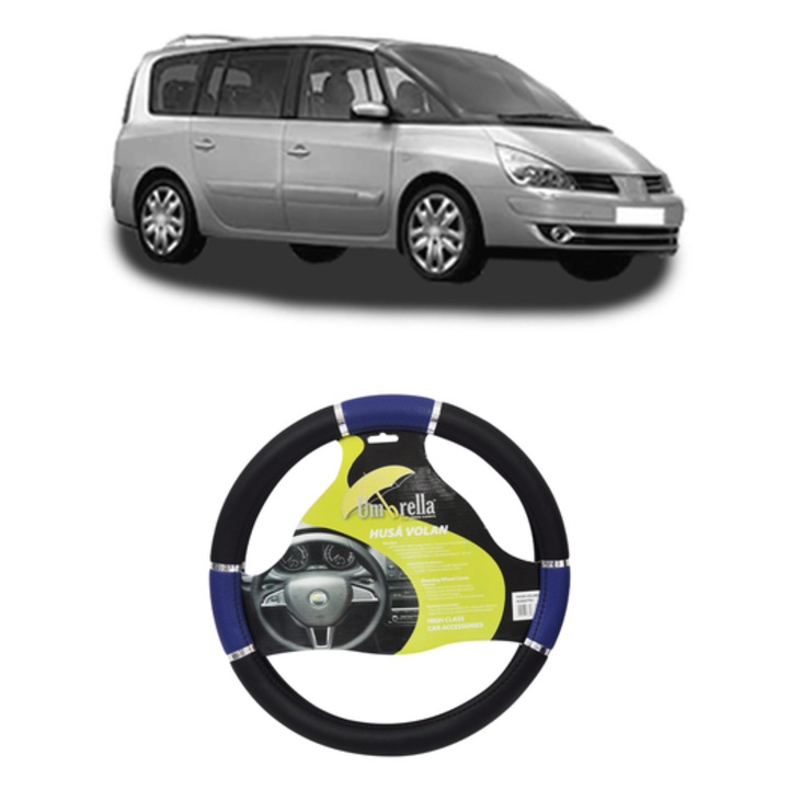 Husa Volan Auto Pentru Renault Espace Iv (Jk0/1_) Din 2002-2015, Piele Ecologica, Dimensiune 37-39 cm, Umbrella, Culoare Albastru