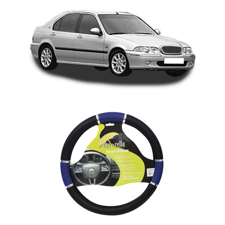 Husa Volan Auto Pentru Rover 45 I Hatchback (Rt) Din 2000-2005, Piele Ecologica, Dimensiune 37-39 cm, Umbrella, Culoare Albastru