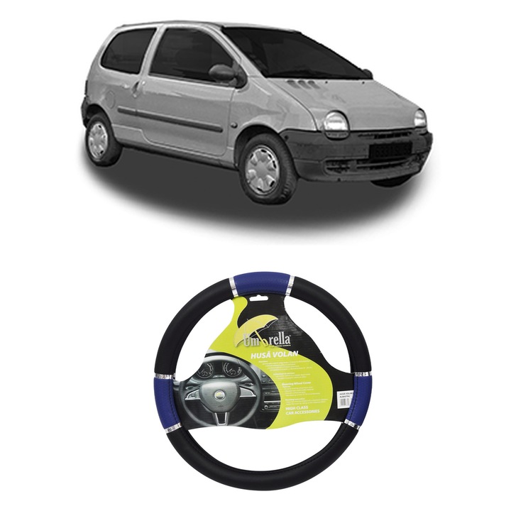 Husa Volan Auto Pentru Renault Twingo I Hatchback Van (S06_) Din 1997-2012, Piele Ecologica, Dimensiune 37-39 cm, Umbrella, Culoare Albastru