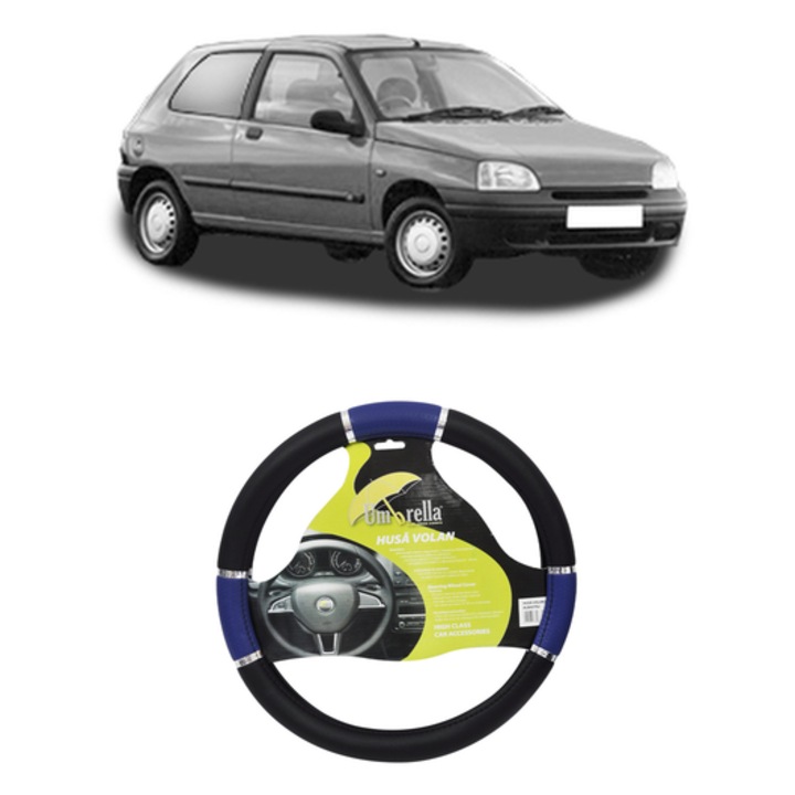 Husa Volan Auto Pentru Renault Clio Ii Hatchback Van (Sb0/1/2_) Din 1998-2010, Piele Ecologica, Dimensiune 37-39 cm, Umbrella, Culoare Albastru