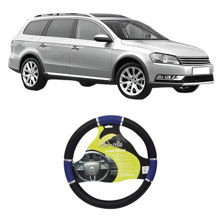 Husa Volan Auto Pentru Volkswagen Passat Alltrack B7 (365) Din 2012-2014, Piele Ecologica, Dimensiune 37-39 cm, Umbrella, Culoare Albastru