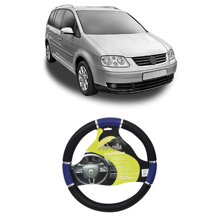 Husa Volan Auto Pentru Volkswagen Touran Van (1T1, 1T2) Din 2003-2010, Piele Ecologica, Dimensiune 37-39 cm, Umbrella, Culoare Albastru