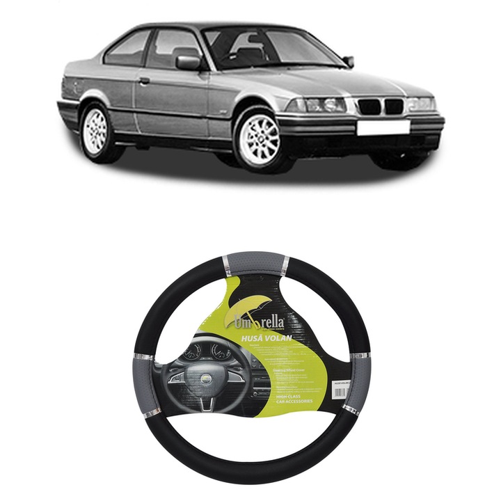 Husa Volan Auto Pentru Bmw 3 (E36) Din 1990-1998, Piele Ecologica, Dimensiune 37-39 cm, Umbrella, Culoare Gri