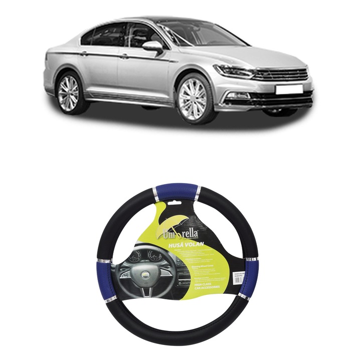 Husa Volan Auto Pentru Volkswagen Passat B8 (3G2, Cb2) Din 2014-2024, Piele Ecologica, Dimensiune 37-39 cm, Umbrella, Culoare Albastru