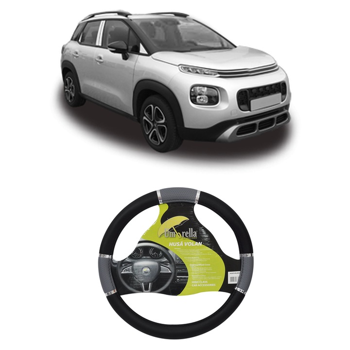 Husa Volan Auto Pentru Citroen C3 Aircross Ii (2R_, 2C_) Din 2017-2018, Piele Ecologica, Dimensiune 37-39 cm, Umbrella, Culoare Gri
