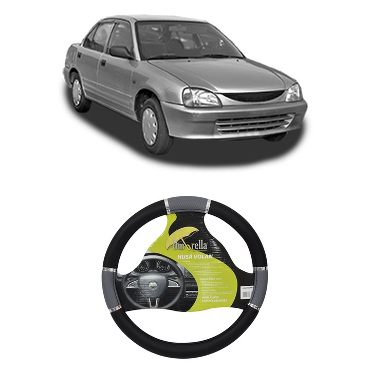 Husa Volan Auto Pentru Daihatsu Charade Iv Saloon (G203) Din 1994-2001, Piele Ecologica, Dimensiune 37-39 cm, Umbrella, Culoare Gri