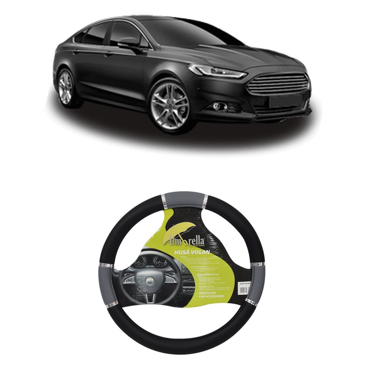 Husa Volan Auto Pentru Ford Mondeo V Hatchback (Ce) Din 2014, Piele Ecologica, Dimensiune 37-39 cm, Umbrella, Culoare Gri