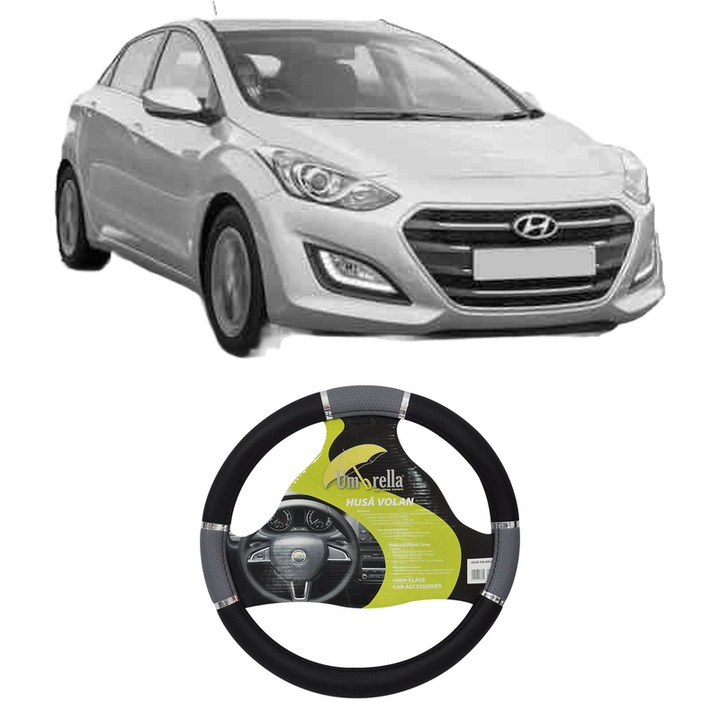 Husa Volan Auto Pentru Hyundai I30 Hatchback Van (Gde) Din 2015-2017, Piele Ecologica, Dimensiune 37-39 cm, Umbrella, Culoare Gri