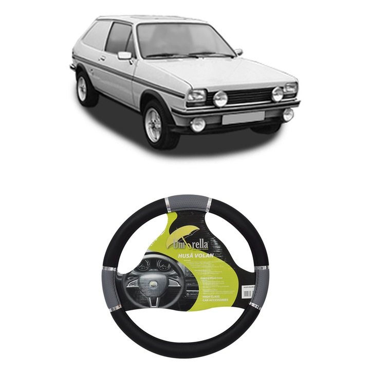 Husa Volan Auto Pentru Ford Fiesta Hatchback Van (Wfvt) Din 1977-1986, Piele Ecologica, Dimensiune 37-39 cm, Umbrella, Culoare Gri