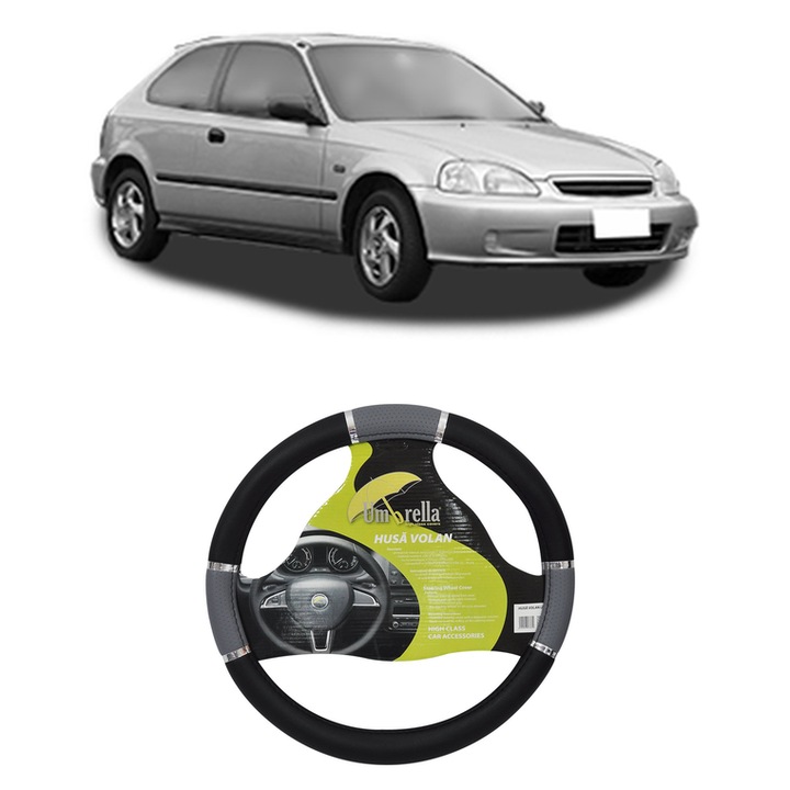 Husa Volan Auto Pentru Honda Civic Vi Hatchback (Ej, Ek) Din 1995-2001, Piele Ecologica, Dimensiune 37-39 cm, Umbrella, Culoare Gri
