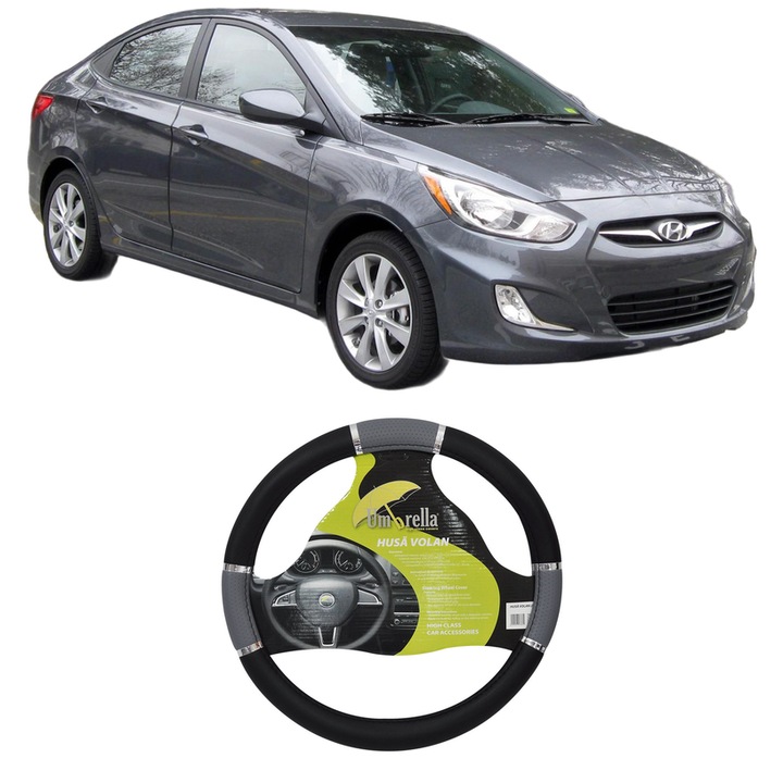 Husa Volan Auto Pentru Hyundai Accent Iv Saloon (Rb) Din 2010-2017, Piele Ecologica, Dimensiune 37-39 cm, Umbrella, Culoare Gri