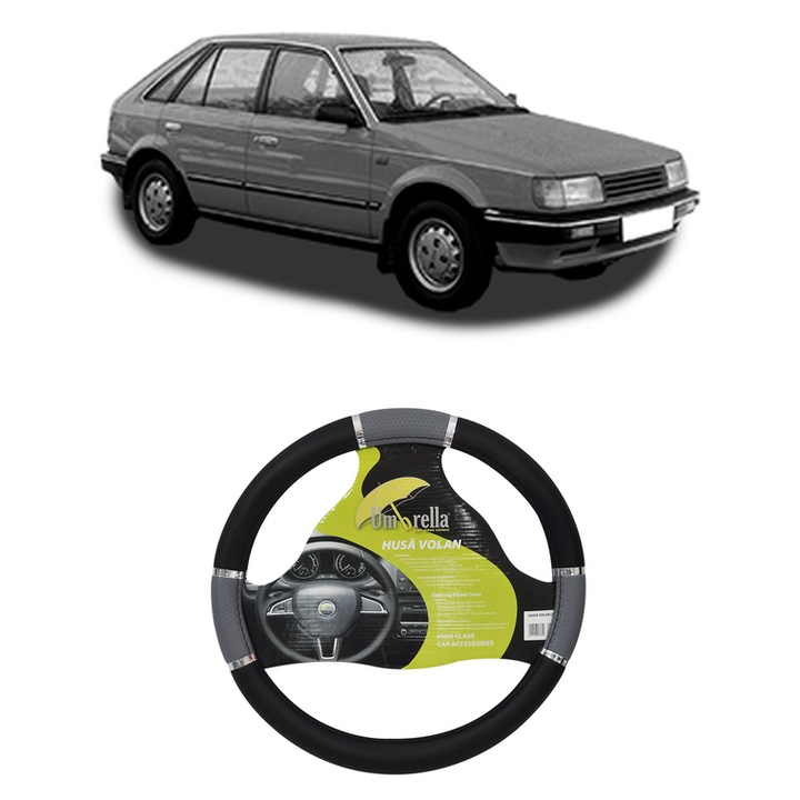Husa Volan Auto Pentru Mazda 323 Iii Hatchback (Bf) Din 1985-1993, Piele Ecologica, Dimensiune 37-39 cm, Umbrella, Culoare Gri