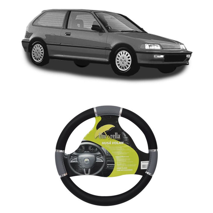 Husa Volan Auto Pentru Honda Civic Iv Hatchback (Ec, Ed, Ee, Ef) Din 1987-1991, Piele Ecologica, Dimensiune 37-39 cm, Umbrella, Culoare Gri