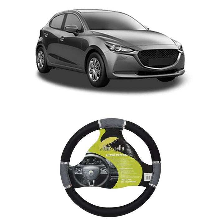 Husa Volan Auto Pentru Mazda 2 Hatchback (Kb) Din 2022, Piele Ecologica, Dimensiune 37-39 cm, Umbrella, Culoare Gri