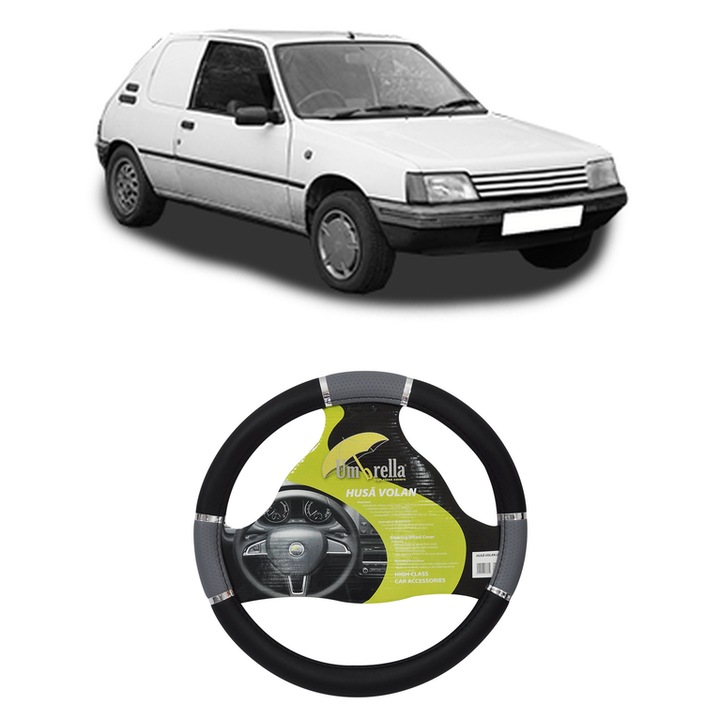 Husa Volan Auto Pentru Peugeot 205 Hatchback Van Din 1983-1997, Piele Ecologica, Dimensiune 37-39 cm, Umbrella, Culoare Gri