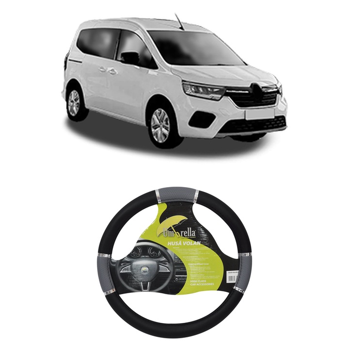 Husa Volan Auto Pentru Renault Kangoo Iii Box Body/Mpv Din 2021, Piele Ecologica, Dimensiune 37-39 cm, Umbrella, Culoare Gri