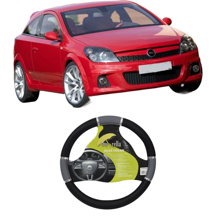 Husa Volan Auto Pentru Opel Astra H Gtc (A04) Din 2005-2010, Piele Ecologica, Dimensiune 37-39 cm, Umbrella, Culoare Gri