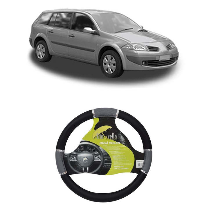 Husa Volan Auto Pentru Renault Megane Ii Estate Van (Km_) Din 2003-2009, Piele Ecologica, Dimensiune 37-39 cm, Umbrella, Culoare Gri