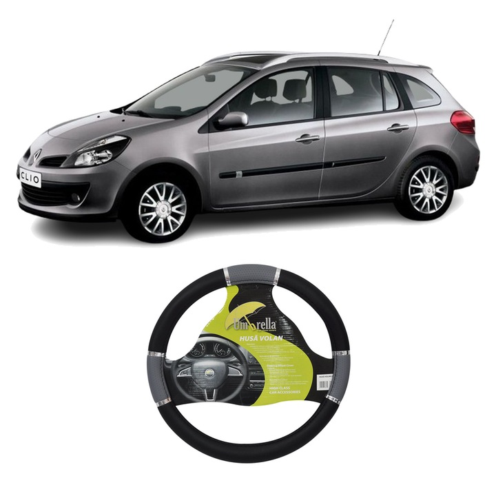 Husa Volan Auto Pentru Renault Clio Iii Grandtour (Kr0/1_) Din 2007-2014, Piele Ecologica, Dimensiune 37-39 cm, Umbrella, Culoare Gri