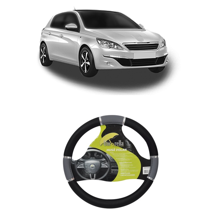 Husa Volan Auto Pentru Peugeot 308 Hatchback Van (Lb_) Din 2015-2021, Piele Ecologica, Dimensiune 37-39 cm, Umbrella, Culoare Gri