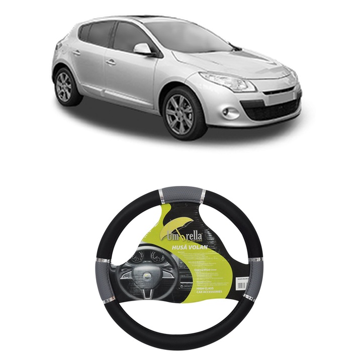 Husa Volan Auto Pentru Renault Megane Iii Hatchback Van (Bz_) Din 2008-2015, Piele Ecologica, Dimensiune 37-39 cm, Umbrella, Culoare Gri