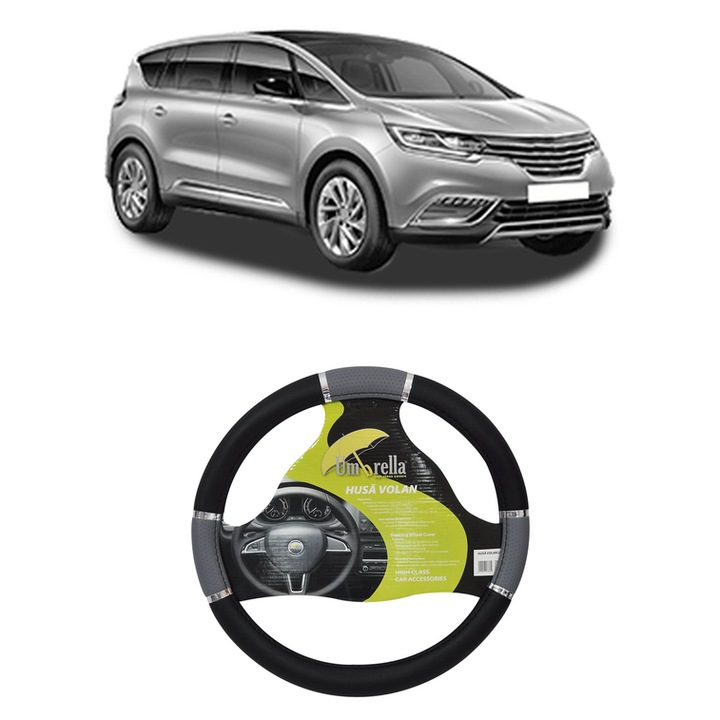 Husa Volan Auto Pentru Renault Espace V (Jr_) Din 2015-2023, Piele Ecologica, Dimensiune 37-39 cm, Umbrella, Culoare Gri