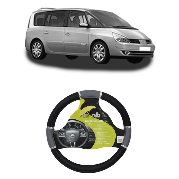 Husa Volan Auto Pentru Renault Espace Iv (Jk0/1_) Din 2002-2015, Piele Ecologica, Dimensiune 37-39 cm, Umbrella, Culoare Gri