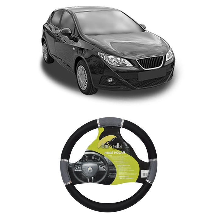 Husa Volan Auto Pentru Seat Ibiza Iv Hatchback Van (6J1) Din 2008-2015, Piele Ecologica, Dimensiune 37-39 cm, Umbrella, Culoare Gri