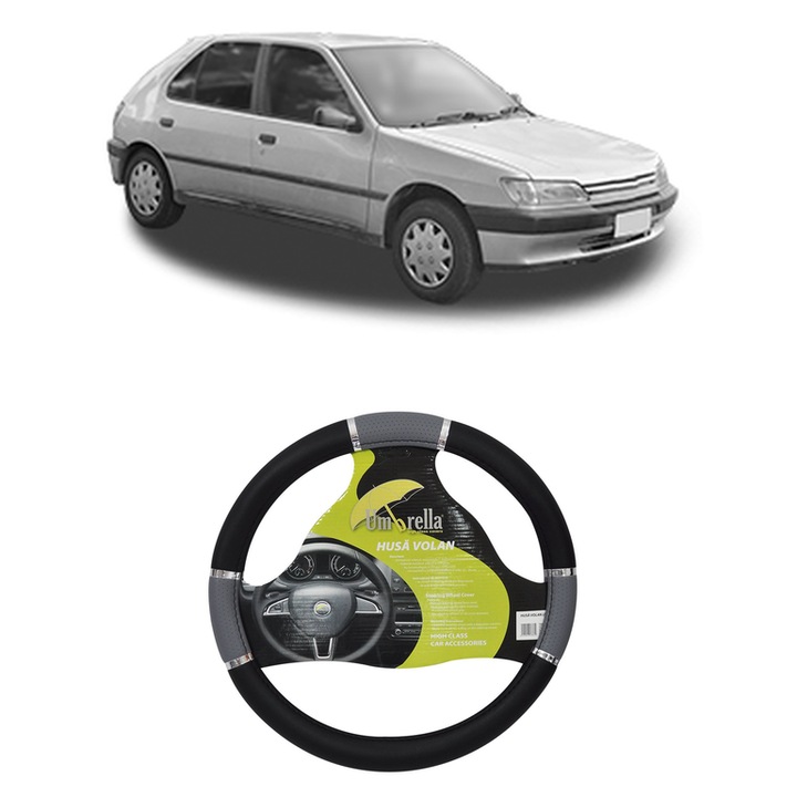 Husa Volan Auto Pentru Peugeot 306 Hatchback Van Din 1993-2001, Piele Ecologica, Dimensiune 37-39 cm, Umbrella, Culoare Gri