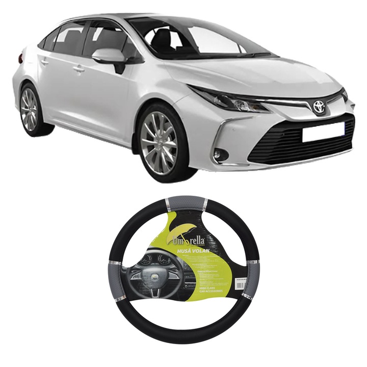Husa Volan Auto Pentru Toyota Corolla Hatchback, Piele Ecologica, Dimensiune 37-39 cm, Umbrella, Culoare Gri