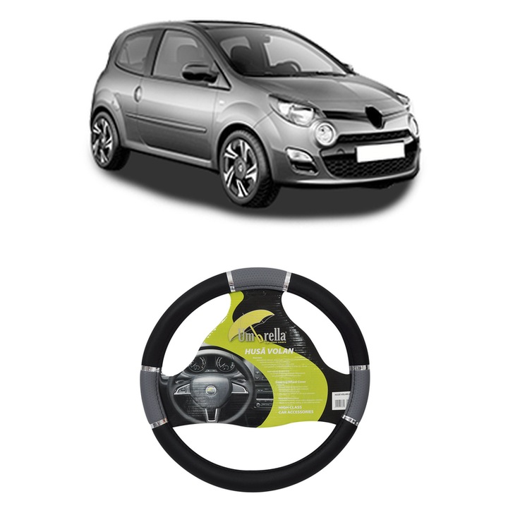 Husa Volan Auto Pentru Renault Twingo Ii (Cn0_) Din 2007-2014, Piele Ecologica, Dimensiune 37-39 cm, Umbrella, Culoare Gri