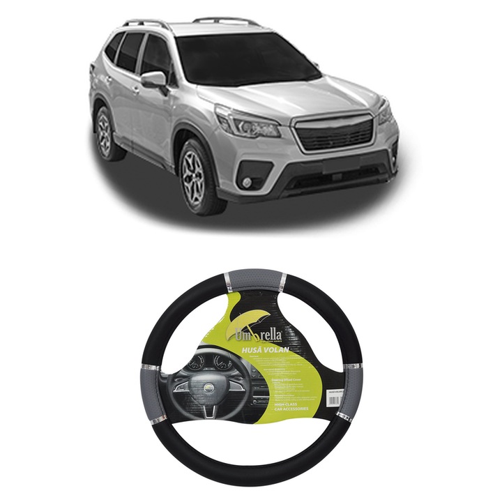 Husa Volan Auto Pentru Subaru Forester (Sk_) Din 2018, Piele Ecologica, Dimensiune 37-39 cm, Umbrella, Culoare Gri